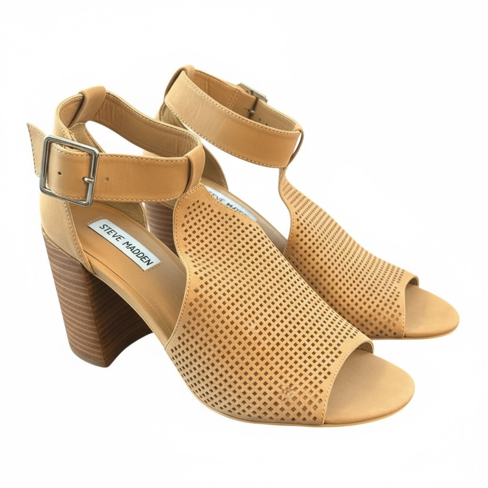 Steve Madden Women's Perforated Ankle Strap Block Heel Sandals, Tan, Size 10 - Picture 2 of 5